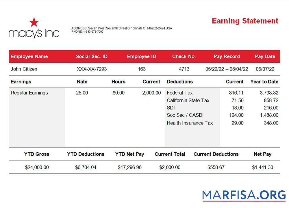 Downloadable USA retail company earning statement version 3 real example